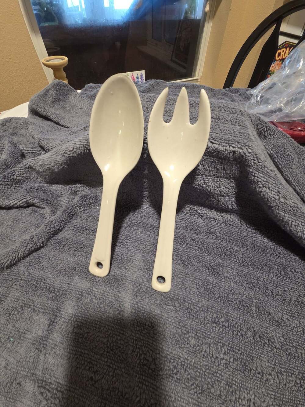 Russel Wright American Modern White Ceramic Salad Fork and Spoon Set